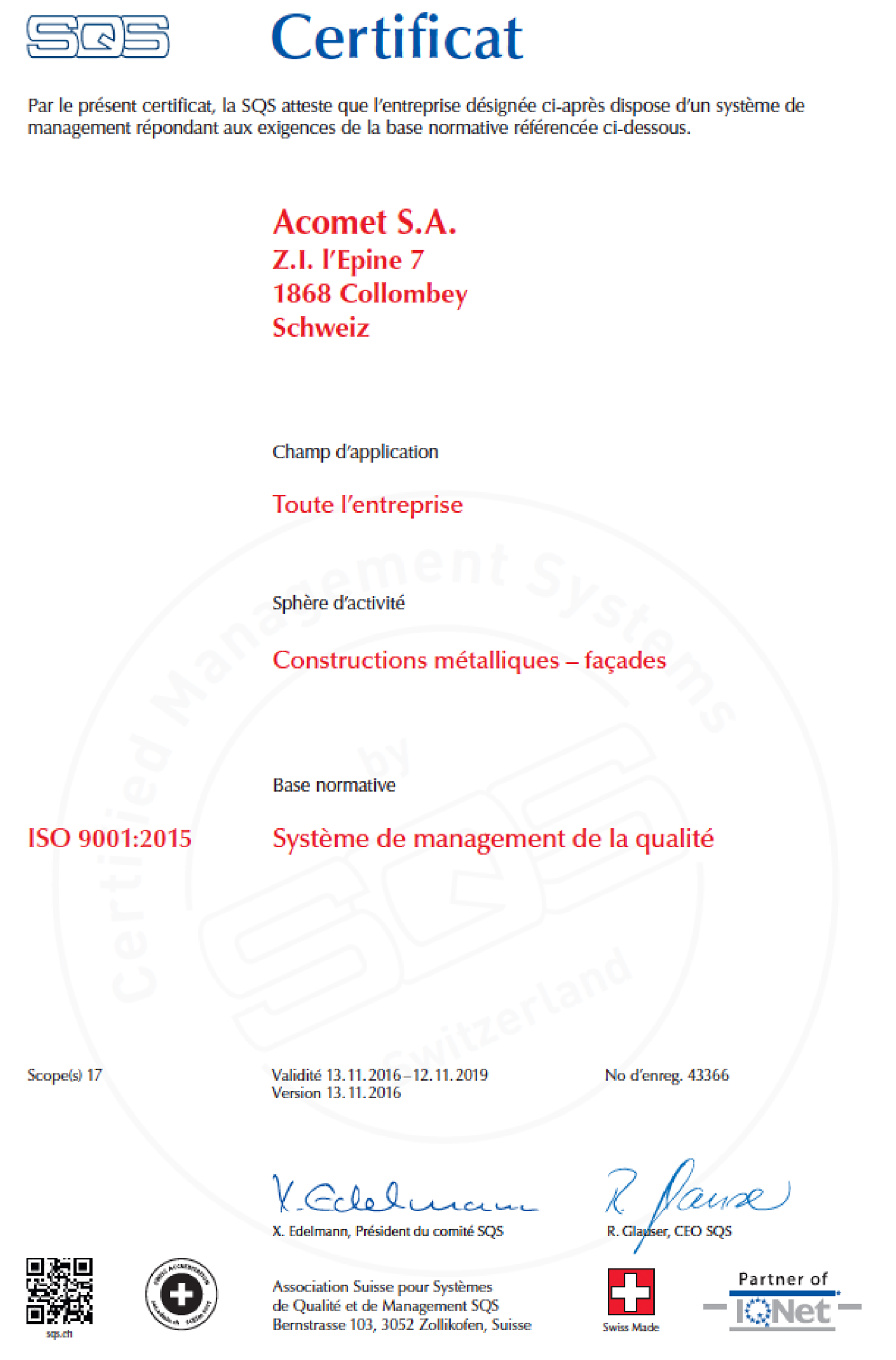 Certificat ISO9001:2008 Acomet SA
